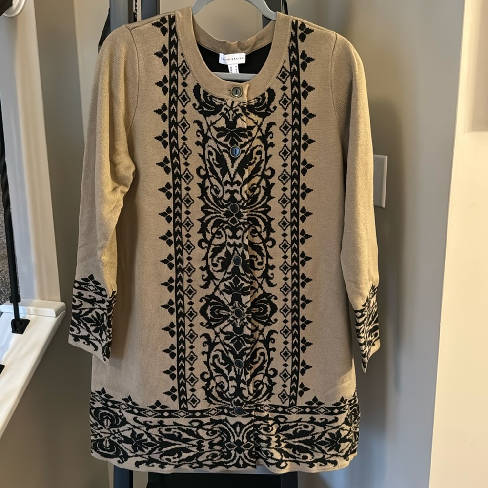 Susan Graver tan/black cardigan sweater coat